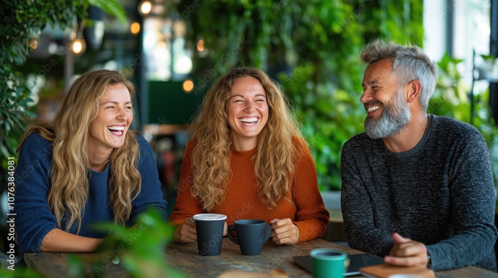 group of three friends share a joyful moment at a cafe, laughing and sipping coffee while seated at a wooden table adorned with plants. bright atmosphere enhances their camaraderie group of three friends share a joyful moment at a cafe, laughing and sipping coffee while seated at a wooden table adorned with plants. bright atmosphere enhances their camaraderie