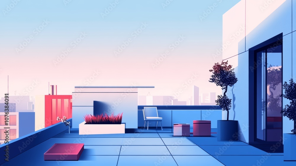 Fototapeta premium Rooftop View of a Modern City Apartment. Minimalist Flat Art.