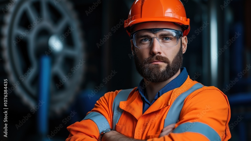 worker stands with arms crossed in an industrial facility, wearing a bright orange safety uniform and helmet worker stands with arms crossed in an industrial facility, wearing a bright orange safety uniform and helmet