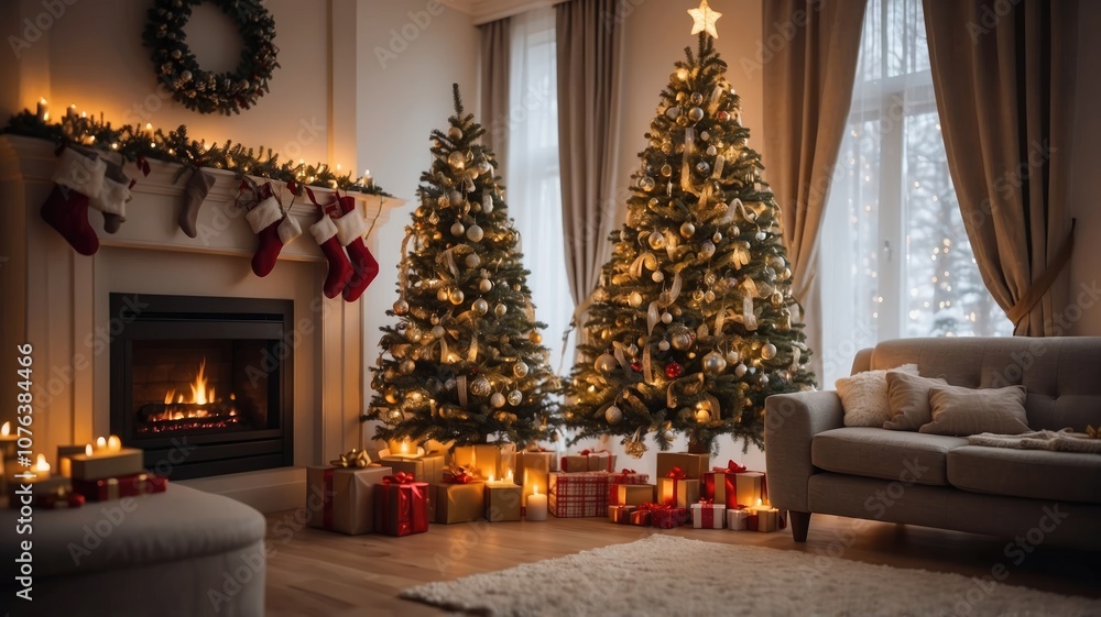 Obraz premium christmas scene by the fireplace with bokeh