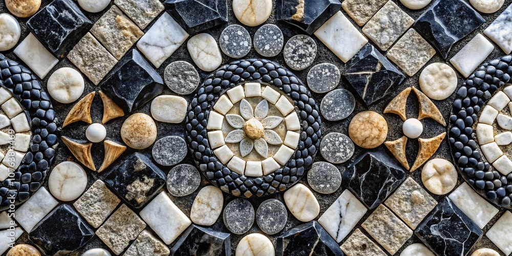 Fototapeta premium Black and White Mosaic Pattern of Natural Stones, Capturing the Intricate Details and Textures for a Unique Background Illustration in Conceptual Photography