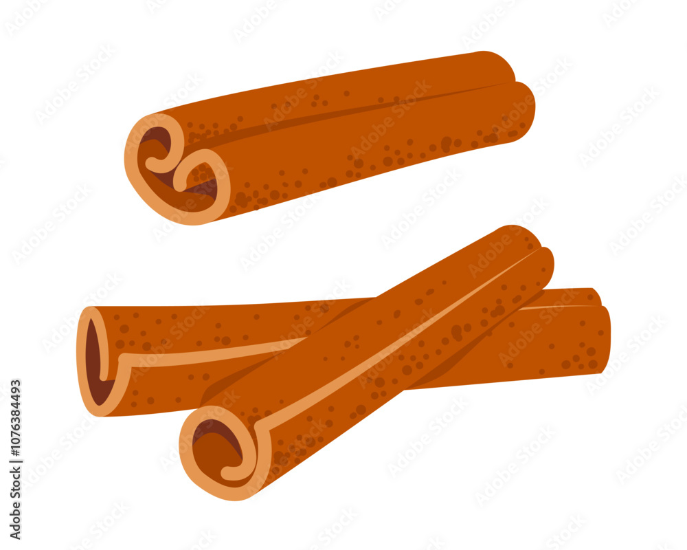 Cinnamon sticks isolated on white background. Fragrant bark rolled into tubes, coffee condiment, ingredient culinary. Sweet cooking and bakery spices. Vector illustration in flat style Cinnamon sticks isolated on white background. Fragrant bark rolled into tubes, coffee condiment, ingredient culinary. Sweet cooking and bakery spices. Vector illustration in flat style