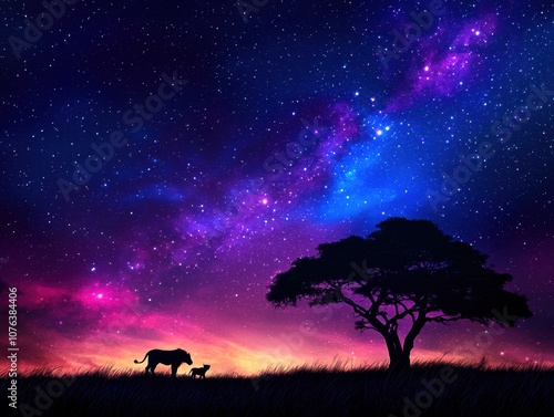 Explore the majestic connection between a lion and a calf under a breathtaking starry sky in deep purple and blue hues