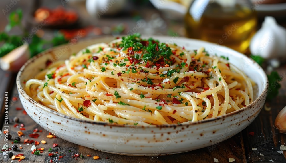 A Close-Up View of a Plate of Spaghetti with Red Pepper Flakes and Parsley A Close-Up View of a Plate of Spaghetti with Red Pepper Flakes and Parsley