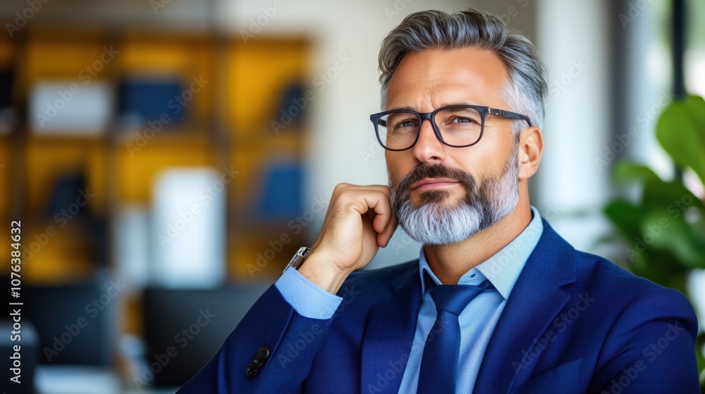 well-dressed businessman with a beard sits thoughtfully in a contemporary office space, contemplating ideas and strategies amid a productive work environment showcasing creative energy well-dressed businessman with a beard sits thoughtfully in a contemporary office space, contemplating ideas and strategies amid a productive work environment showcasing creative energy