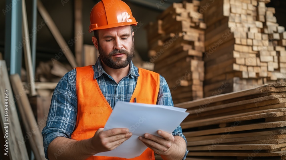 construction worker examines blueprints in a lumber yard surrounded by stacked planks. He wears an orange safety vest and hard hat, ensuring compliance with safety regulations construction worker examines blueprints in a lumber yard surrounded by stacked planks. He wears an orange safety vest and hard hat, ensuring compliance with safety regulations