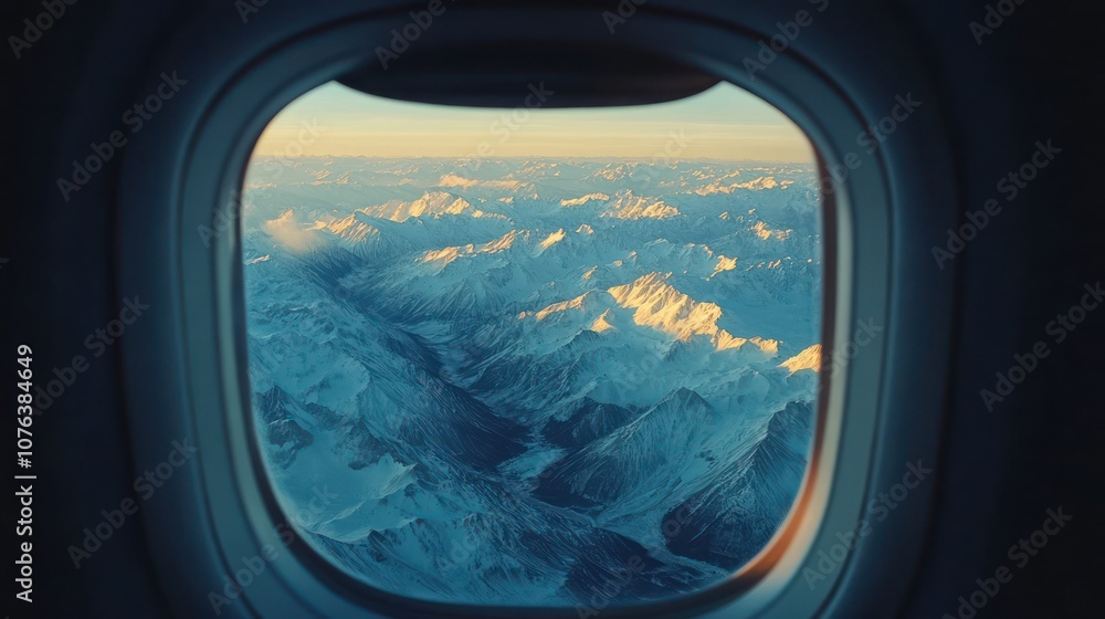 airplane window view at snow mountains in sunny airplane window view at snow mountains in sunny