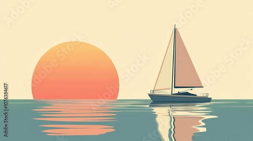 Sailboat at Sunset with Reflection on the Sea. Minimalist Flat Art.
