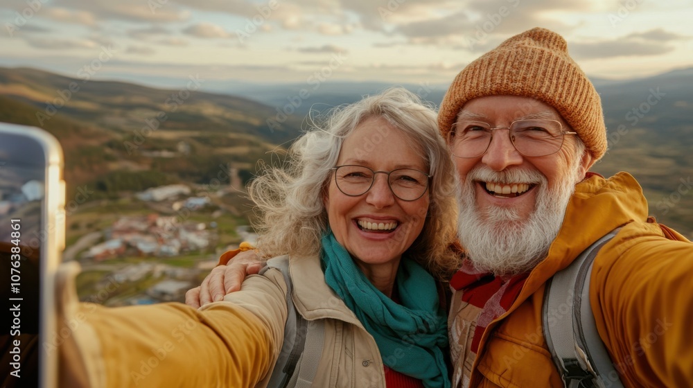 Senior couple enjoys a joyful adventure taking a selfie in a scenic landscape during their travels Senior couple enjoys a joyful adventure taking a selfie in a scenic landscape during their travels