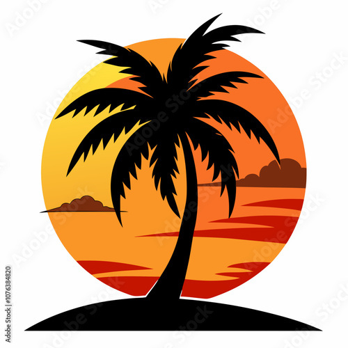 Palm tree sunset silhouette vector illustration on white background