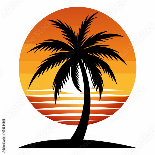 Palm tree sunset silhouette vector illustration on white background