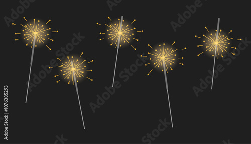 Set of burning fireworks isolated on black background. Holiday elements. Sparklers set.