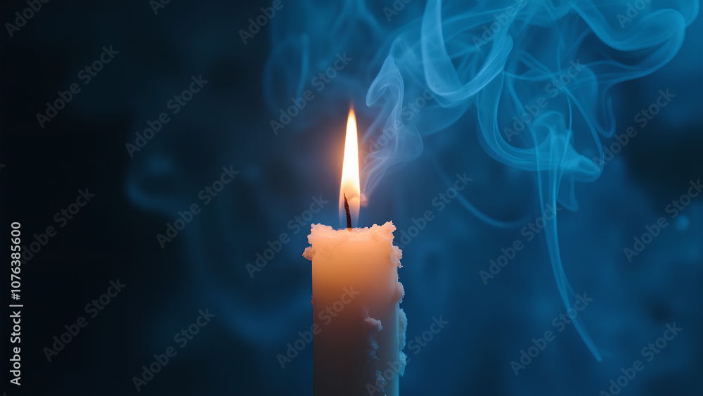 Fototapeta premium Candle flame and blue smoke creating ambiance