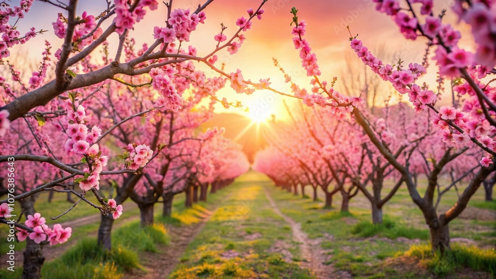 Blossoming Peach Tree Branches in a Minimalistic Landscape Showcasing the Awakening of New Life in a Serene Garden Setting Celebrating Nature's Beauty and Renewal Blossoming Peach Tree Branches in a Minimalistic Landscape Showcasing the Awakening of New Life in a Serene Garden Setting Celebrating Nature's Beauty and Renewal