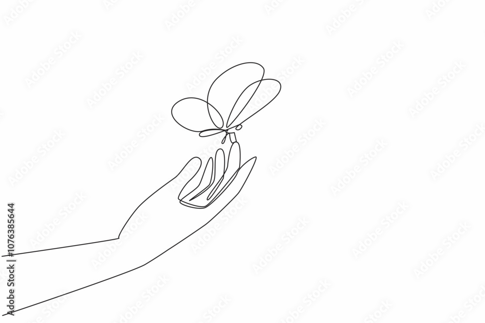 Single continuous line drawing a hand perched butterflies. The balance of human nature with animals. Balanced sustainability. Mutualism. Zero Discrimination Day. One line design vector illustration Single continuous line drawing a hand perched butterflies. The balance of human nature with animals. Balanced sustainability. Mutualism. Zero Discrimination Day. One line design vector illustration