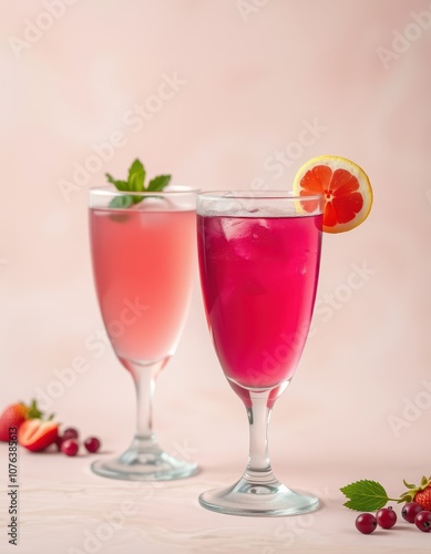 Two glasses of pink lemonade with ice, garnished with mint and grapefruit, sit on a pink table with berries