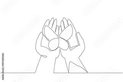 Single continuous line drawing butterflies perched on two open palms. Rolling out new hope. Openness to welcome differences. Regeneration. Zero Discrimination Day. One line design vector illustration