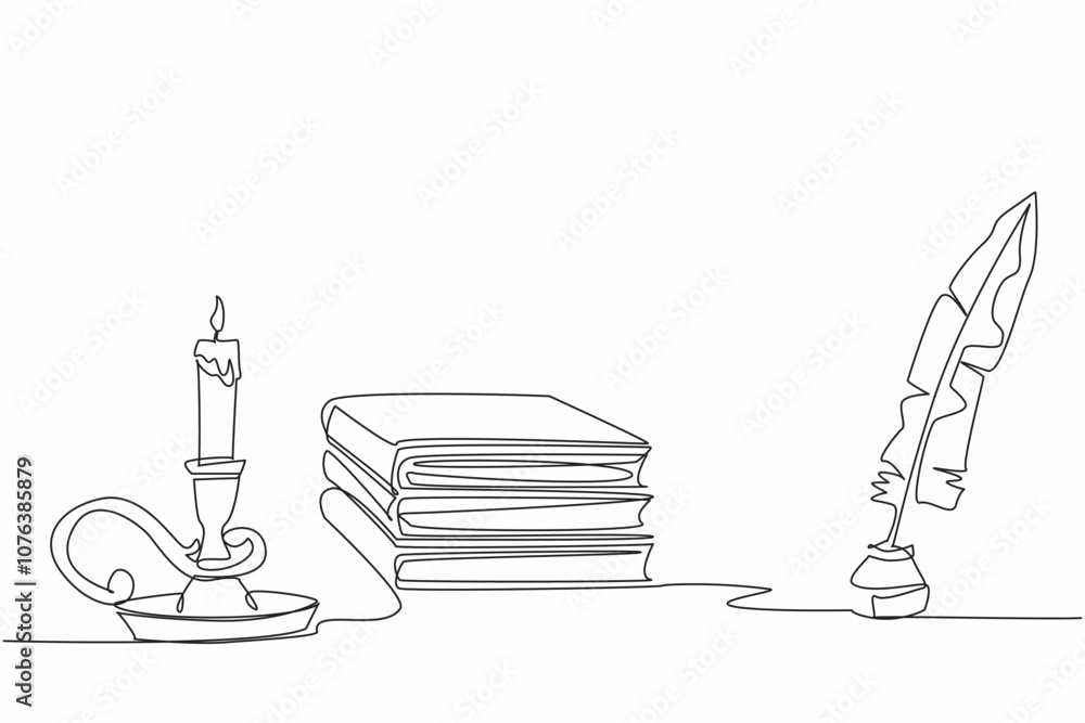 Single one line drawing a stack of books and an inkwell and quill. Knowledge and learning. Write down brilliant ideas. Enlightenment. World Candle Day. Continuous line design graphic illustration Single one line drawing a stack of books and an inkwell and quill. Knowledge and learning. Write down brilliant ideas. Enlightenment. World Candle Day. Continuous line design graphic illustration