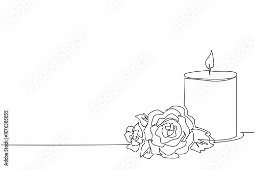Continuous one line drawing candle with bouquet of red roses. Beauty. Love. Passion. Combination that creates a sense of comfort. Solace. World Candle Day. Single line draw design vector illustration