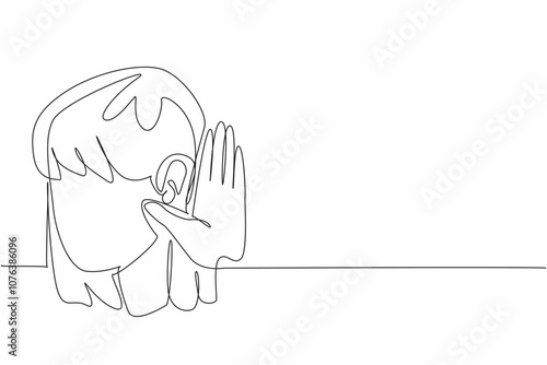Single continuous line drawing woman holding her ear. Concentration required to hear. Avoiding miscommunication. Listen intently. Focus. Gesture. World Hearing Day. One line design vector illustration