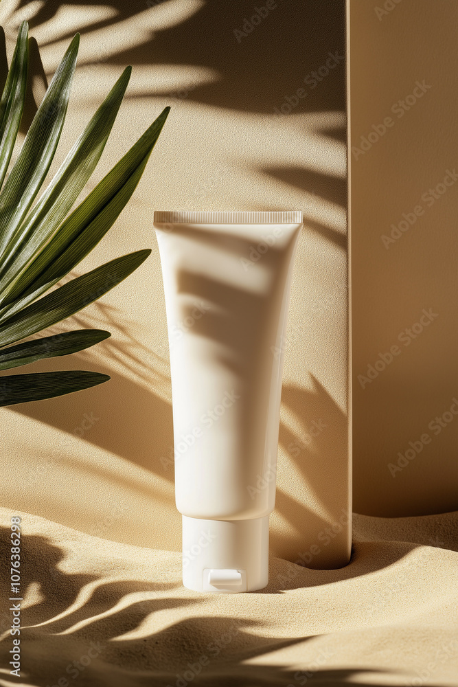 A sleek white tube of cream stands on sandy terrain, accompanied by tropical leaves, casting soft shadows in warm, natural light. A sleek white tube of cream stands on sandy terrain, accompanied by tropical leaves, casting soft shadows in warm, natural light.
