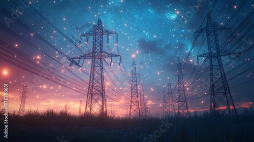 Energy concept. Electric transmission towers with glowing wires against. High voltage electrical pylons.