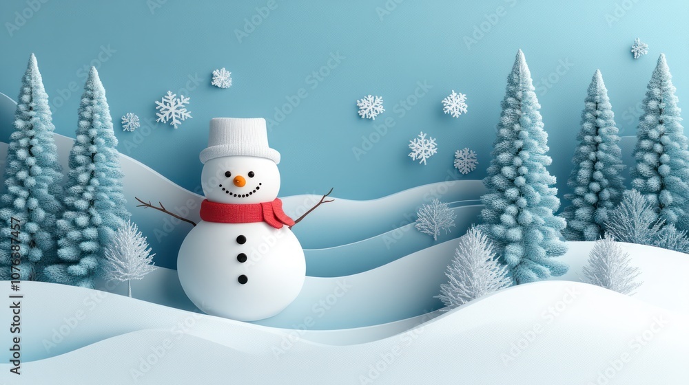 Obraz premium Cute snowman winter poster, white and blue gradient background color, coniferous forest in the foreground, three-dimensional shape, 3D rendering effect