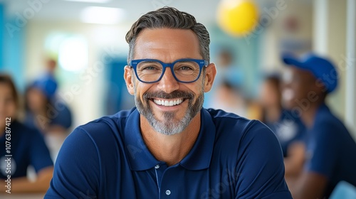 Man wearing glasses and a blue shirt is smiling. He is surrounded by other people, some of whom are wearing blue shirts as well photo