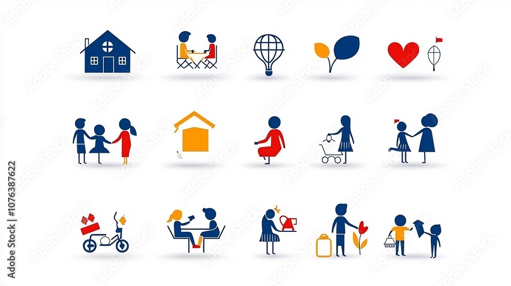 Fototapeta premium Comprehensive Family Icon Set Featuring 15 Minimalist Outline Symbols Representing Various Home Activities Togetherness and Domestic Lifestyle Elements