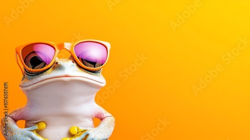 Frog wearing sunglasses and standing on an orange background. The frog is wearing a pair of orange sunglasses and he is posing for a photo. The orange background adds a warm photo