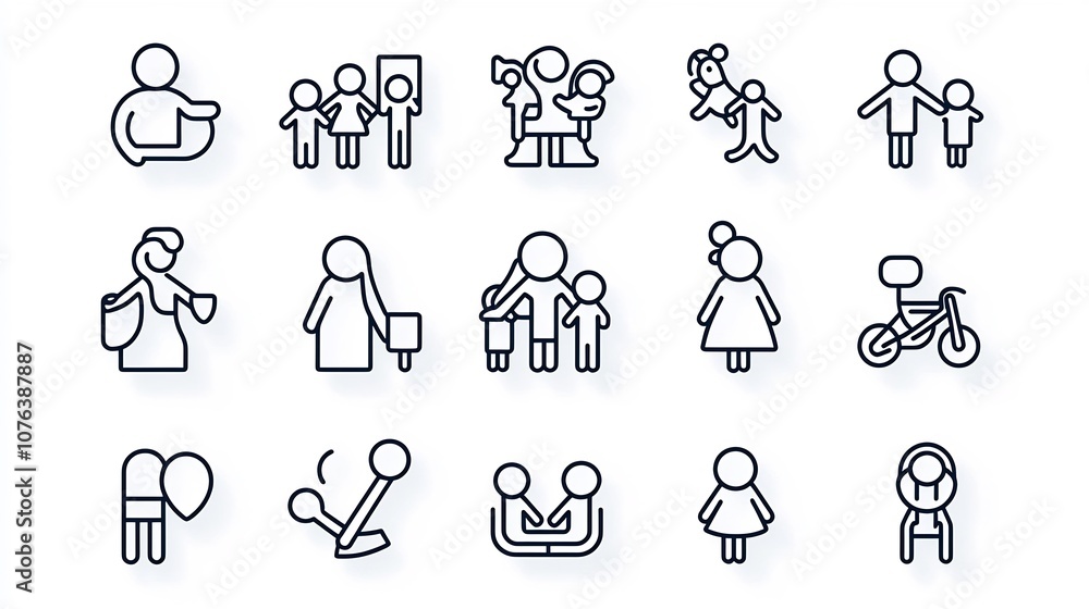Set of minimal outline icons representing various family members and relationships including mother father and baby symbols in a clean with editable stroke weight and size Set of minimal outline icons representing various family members and relationships including mother father and baby symbols in a clean with editable stroke weight and size