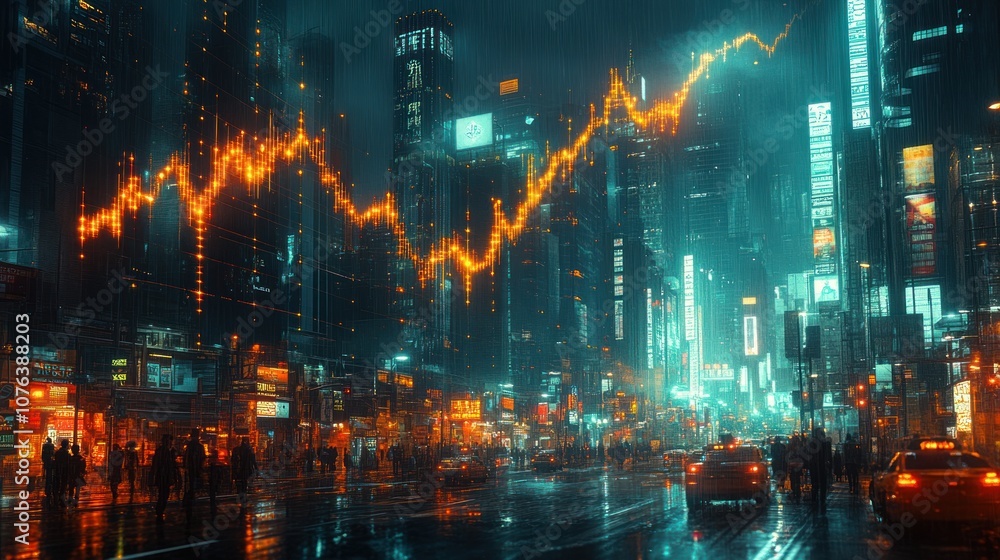 Fototapeta premium A vibrant cityscape with a rising financial graph overlay.
