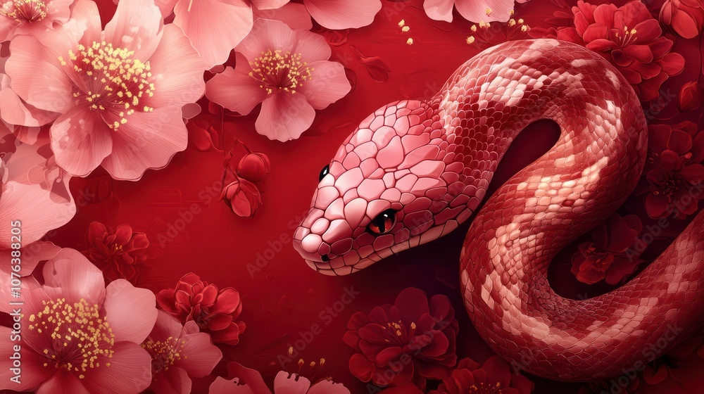 Illustrator Chinese new year, snake banner template design with snake and beautiful flowers on red background, Chinese new year concept Illustrator Chinese new year, snake banner template design with snake and beautiful flowers on red background, Chinese new year concept