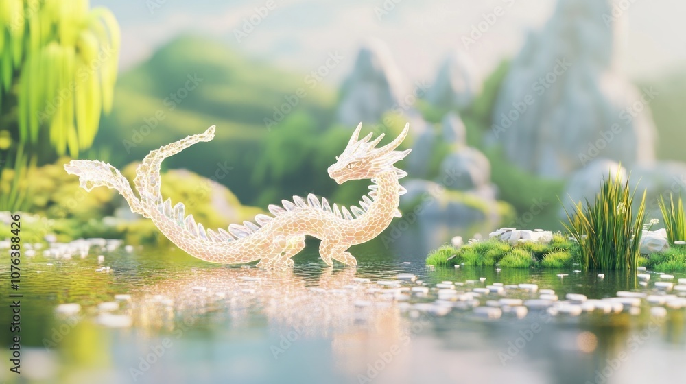 A Crystal Dragon Emerging from a Tranquil Lake A Crystal Dragon Emerging from a Tranquil Lake