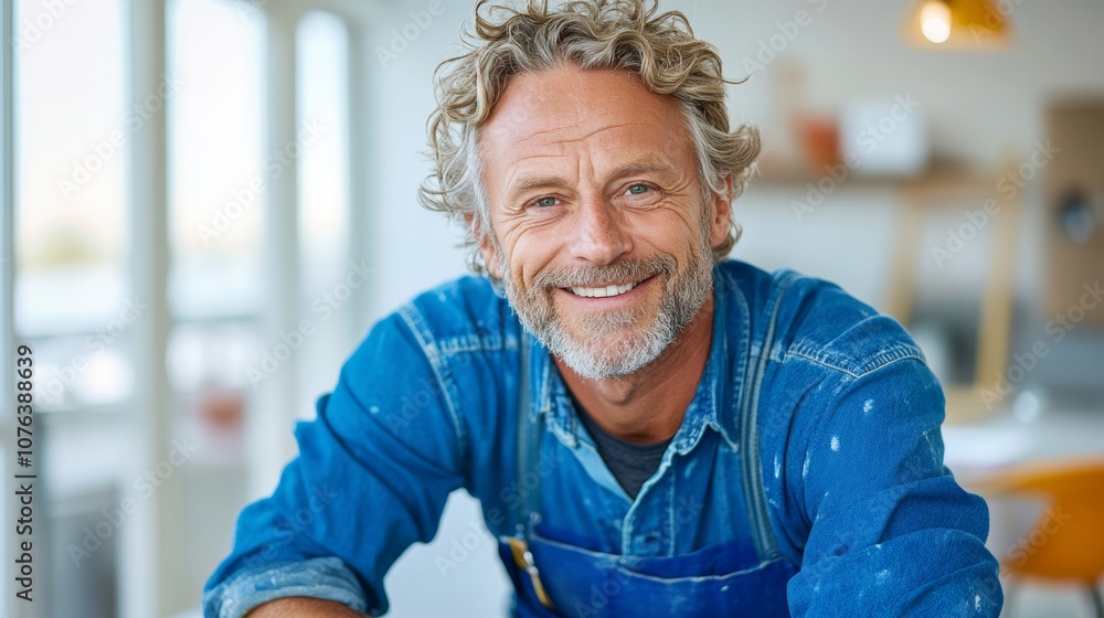 Man with a blue shirt and apron is smiling. He is in a kitchen. The kitchen has a counter and a chair Man with a blue shirt and apron is smiling. He is in a kitchen. The kitchen has a counter and a chair