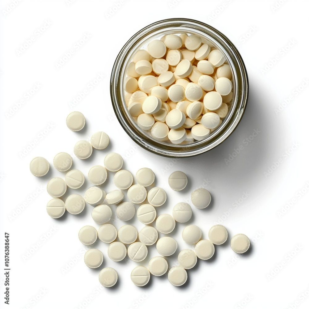 White Pills in Glass Jar and on White Surface White Pills in Glass Jar and on White Surface