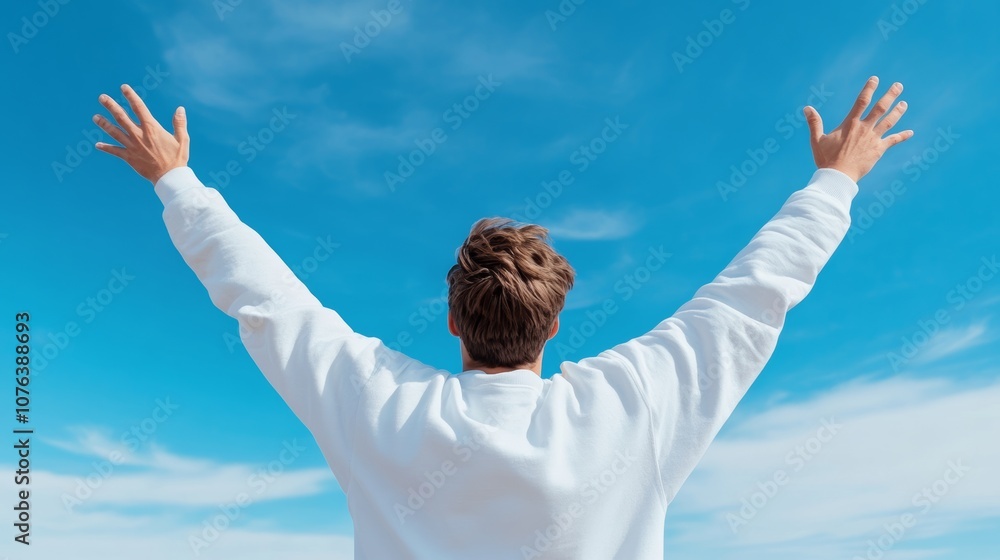 Man is standing in the open air with his arms raised, looking up at the sky. The sky is blue and clear, and the man is in a state of joy or celebration Man is standing in the open air with his arms raised, looking up at the sky. The sky is blue and clear, and the man is in a state of joy or celebration