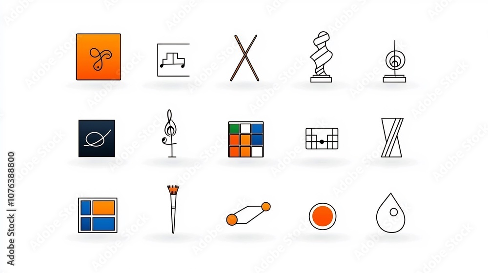 Set of 15 outline icons representing various art elements such as palette sculpture and music note symbols presented in a clean with editable stroke for versatile creative and design applications Set of 15 outline icons representing various art elements such as palette sculpture and music note symbols presented in a clean with editable stroke for versatile creative and design applications