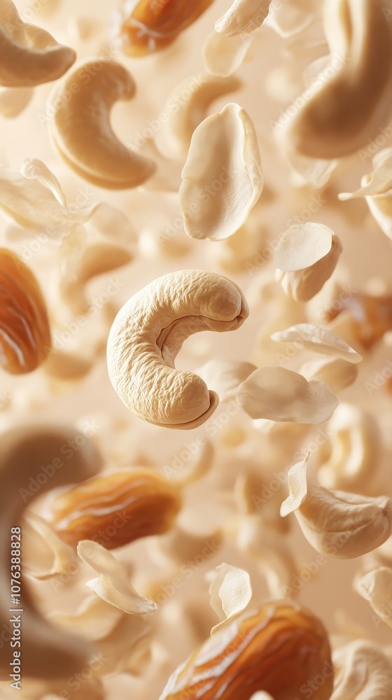 Close-up of cashews and almonds floating in air, showcasing textures and motion, perfect for health and food-related themes. Close-up of cashews and almonds floating in air, showcasing textures and motion, perfect for health and food-related themes.