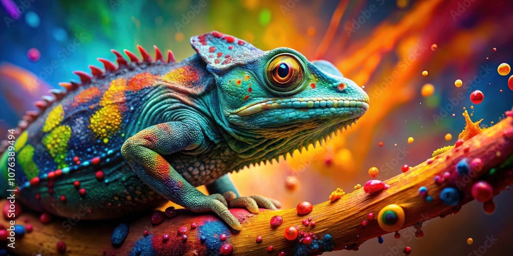 Obraz premium Vibrant Chameleon on Colorful Paint Splash - A Creative Concept in Panoramic Photography