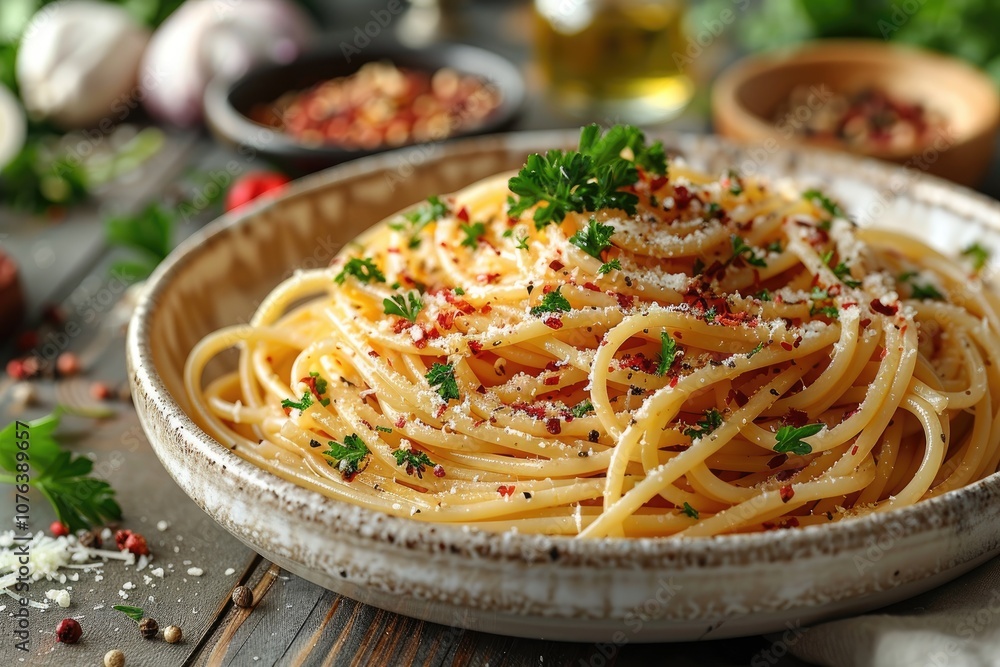 Close-up of spaghetti with parmesan cheese, parsley, and red pepper flakes Close-up of spaghetti with parmesan cheese, parsley, and red pepper flakes