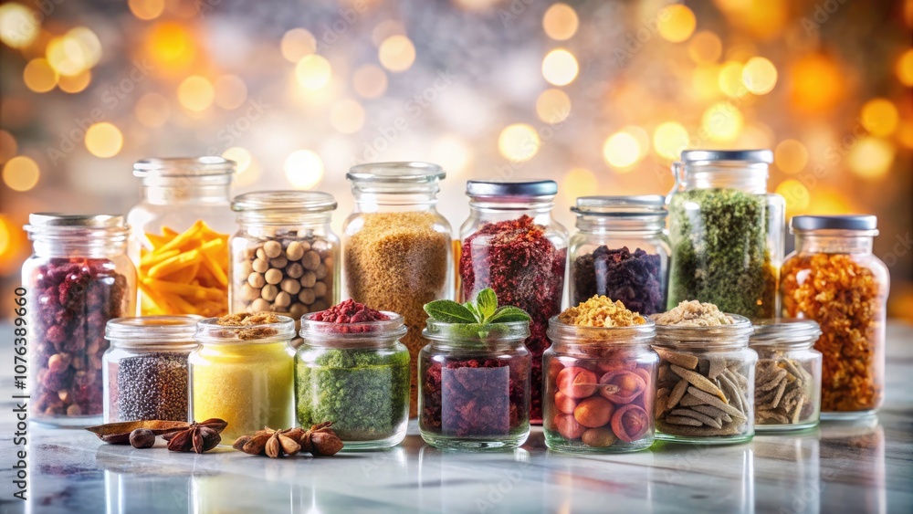 Vibrant Dried Ingredients in Glass Containers for Culinary Creativity Vibrant Dried Ingredients in Glass Containers for Culinary Creativity