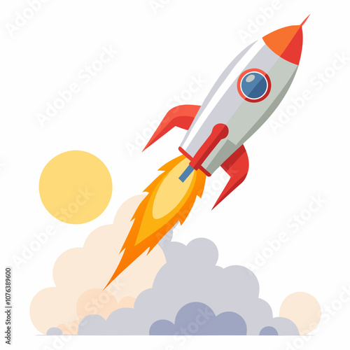 Rocket Launch Illustration with Fiery Trail and Smoke