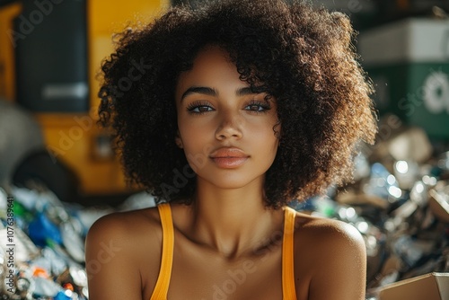 Wallpaper Mural Portrait of a young woman with curly hair against an urban background, exuding confidence and style in a vibrant setting. Torontodigital.ca