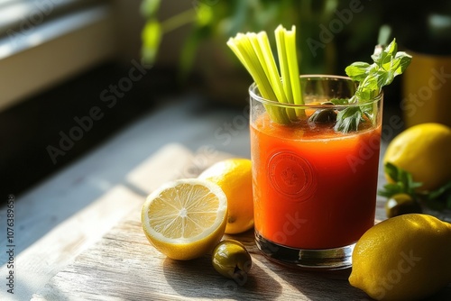 A refreshing cocktail glass filled with a vibrant red drink, garnished with celery and mint, accompanied by fresh lemons on a wooden surface. photo