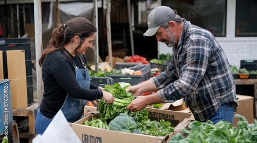Wallpaper Mural Couple packing fresh vegetables into CSA boxes for local customers in a vibrant farming community Torontodigital.ca