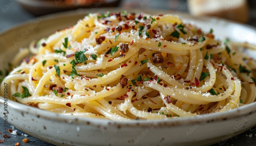 Close-up of spaghetti with parmesan cheese, red pepper flakes, and parsley Close-up of spaghetti with parmesan cheese, red pepper flakes, and parsley