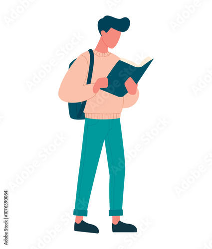 A young man, student, worker, with a backpack and an open book in his hands