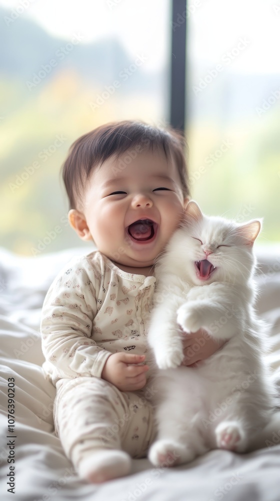 Adorable baby joyfully cuddling a fluffy white kitten in soft daylight, showcasing a heartwarming bond of laughter and innocence. Adorable baby joyfully cuddling a fluffy white kitten in soft daylight, showcasing a heartwarming bond of laughter and innocence.