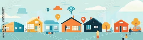 Wallpaper Mural Colorful vector illustration of connected smart homes in a neighborhood setting. Torontodigital.ca